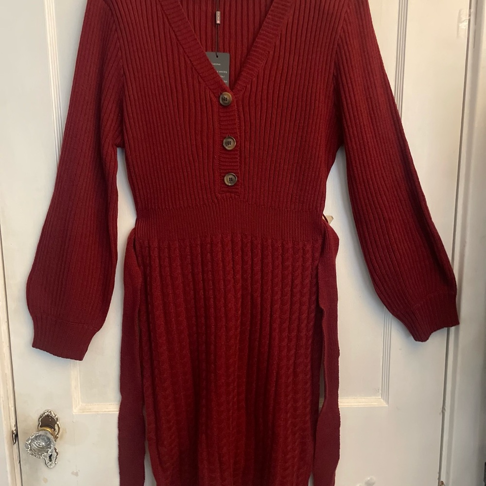 Women Knit Dress V Neck with tie Long Sleeve Bodycon Medium, Rust Red, Brand New
